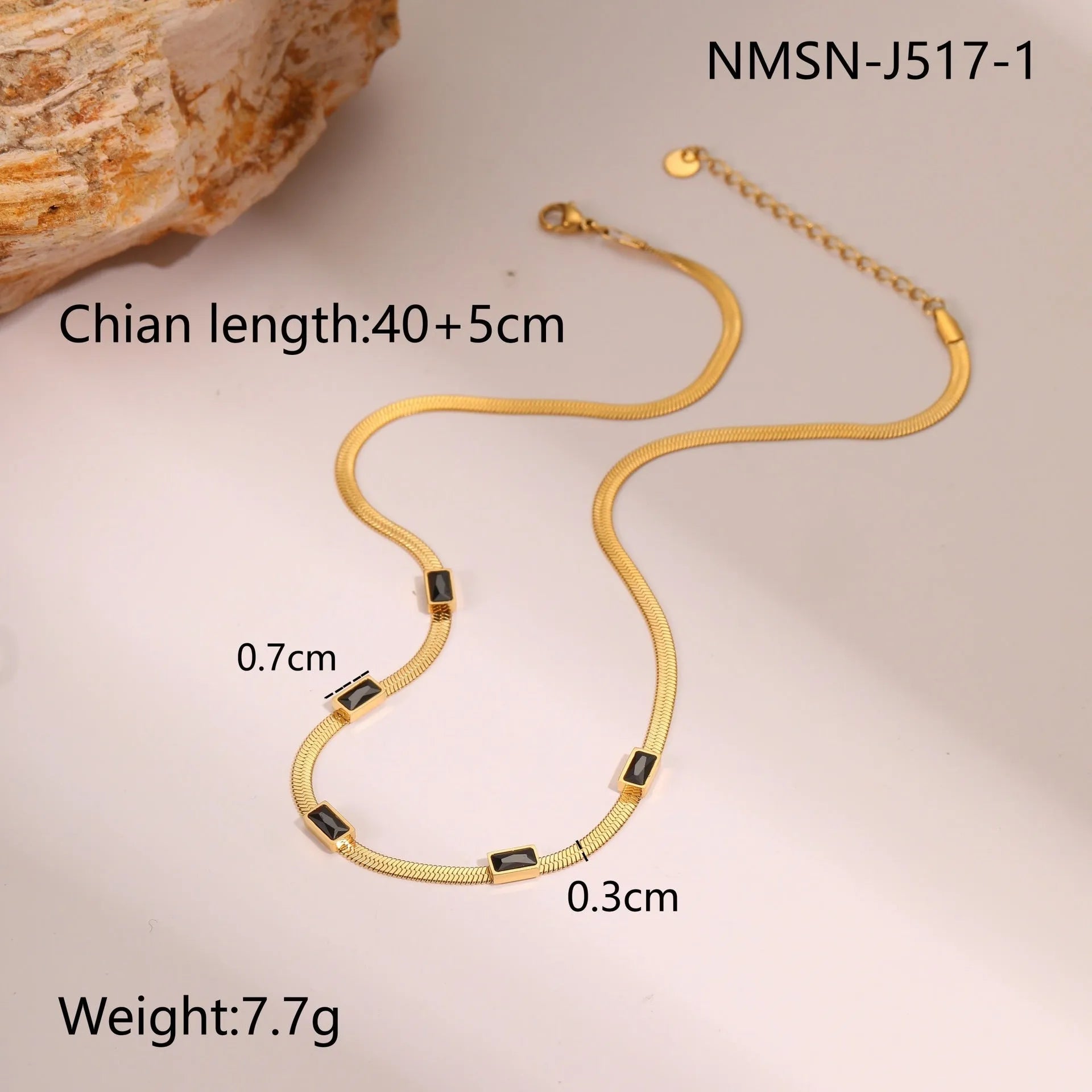 Retro geometric square zircon necklace in stainless steel with gold electroplating and flat snake-like chain links