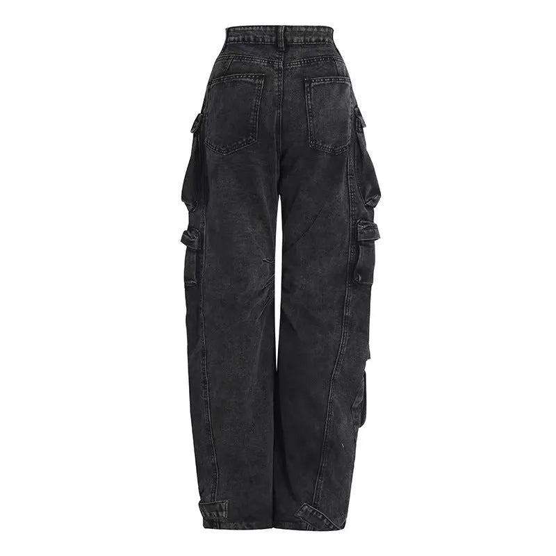 Women's blue tie-dyed high waist wide leg denim trousers with multiple pockets and elastic waistband