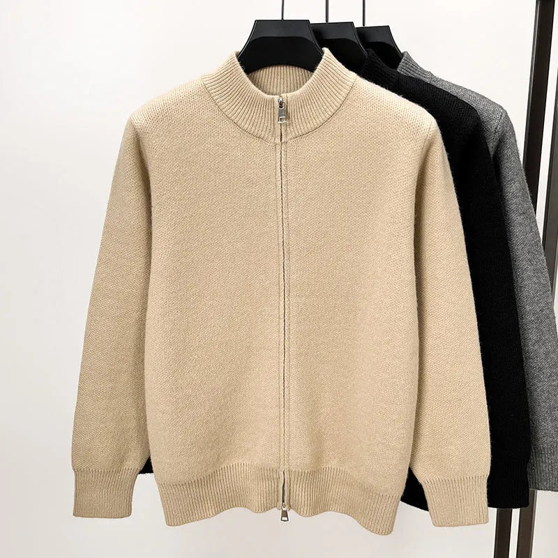 Men's high-neck zip-front cardigan in loose fit knitted fabric, shown in beige colour