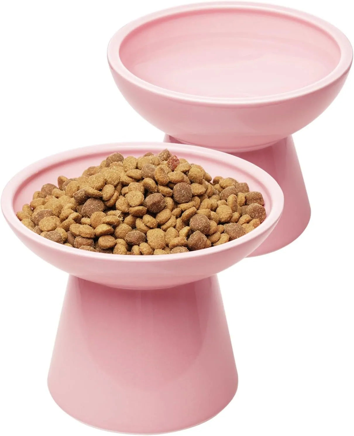 Extra wide elevated ceramic cat food and water bowl set in blue, green, pink or white