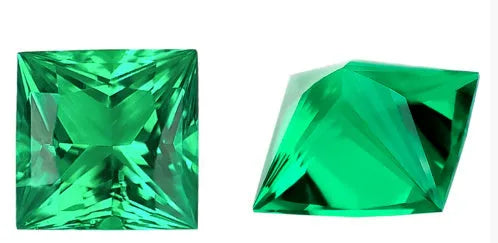 Synthetic emerald gemstone beads in Columbia green treasure colour showing round and rectangular cut options