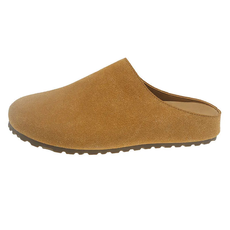 Ugly Soft Flat Korean style slip-on slippers in apricot colour showing square toe and flat design.