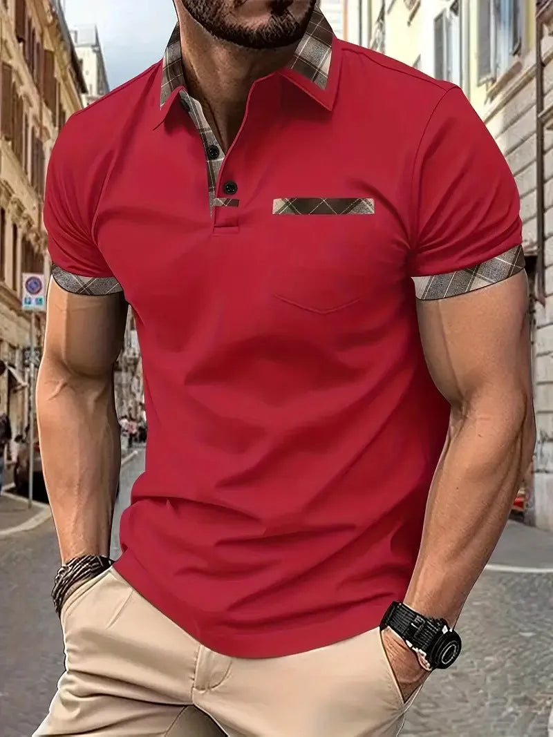 Men's plaid colourblock t-shirt with zipper decorations in loose fit polyester fabric