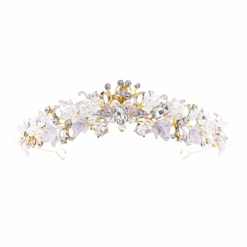 Women's pearl crown headdress hair accessory with electroplated alloy construction in gold or silver colour