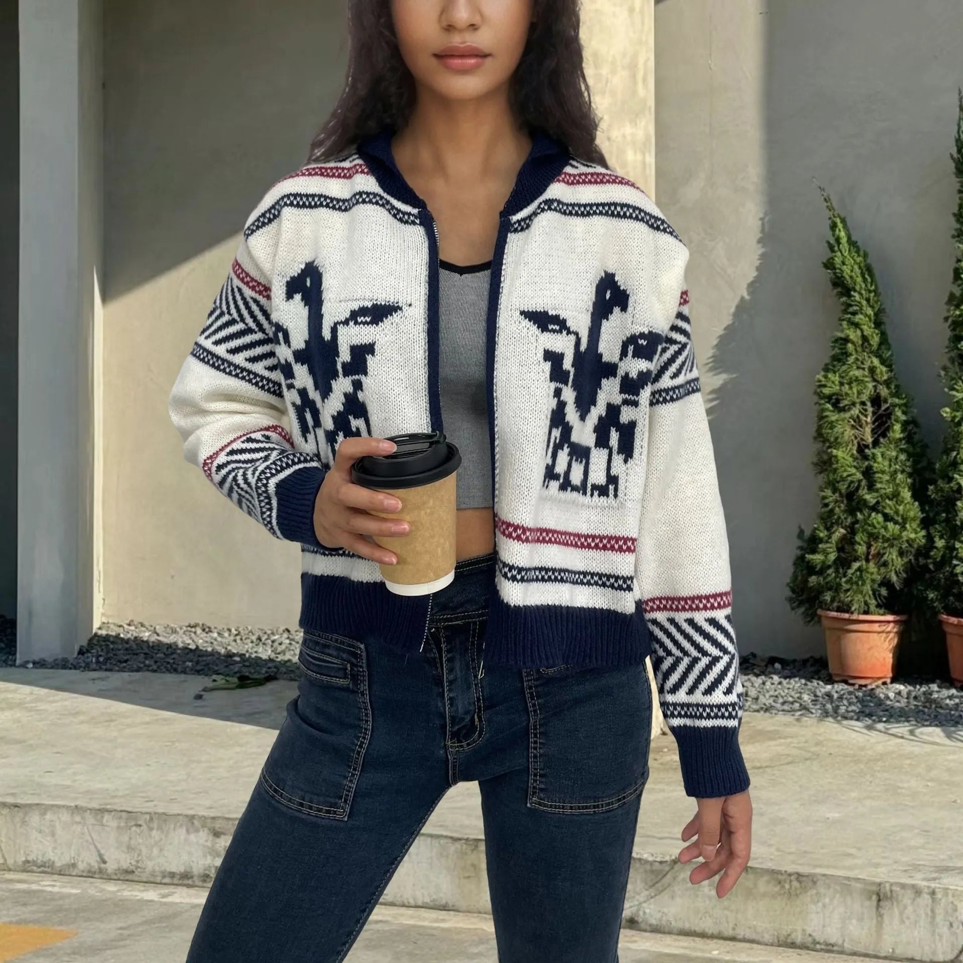 White women's zip cardigan with jacquard wool texture and contrasting lapel