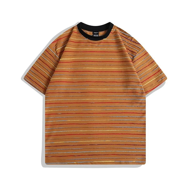 Loose fit striped couple T-shirt in apricot colour with round neck and half sleeves