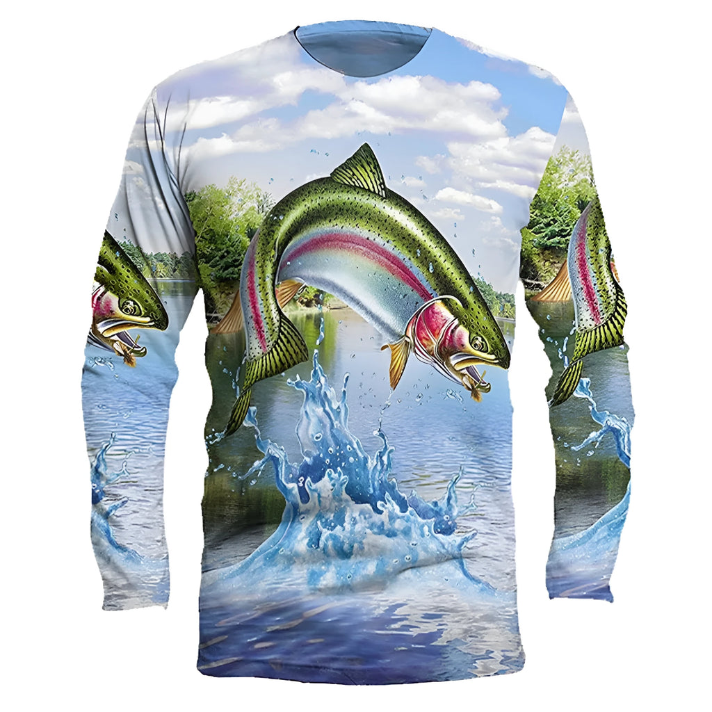 Men's grey round neck long sleeve pullover with a large colourful fish graphic print on the front.