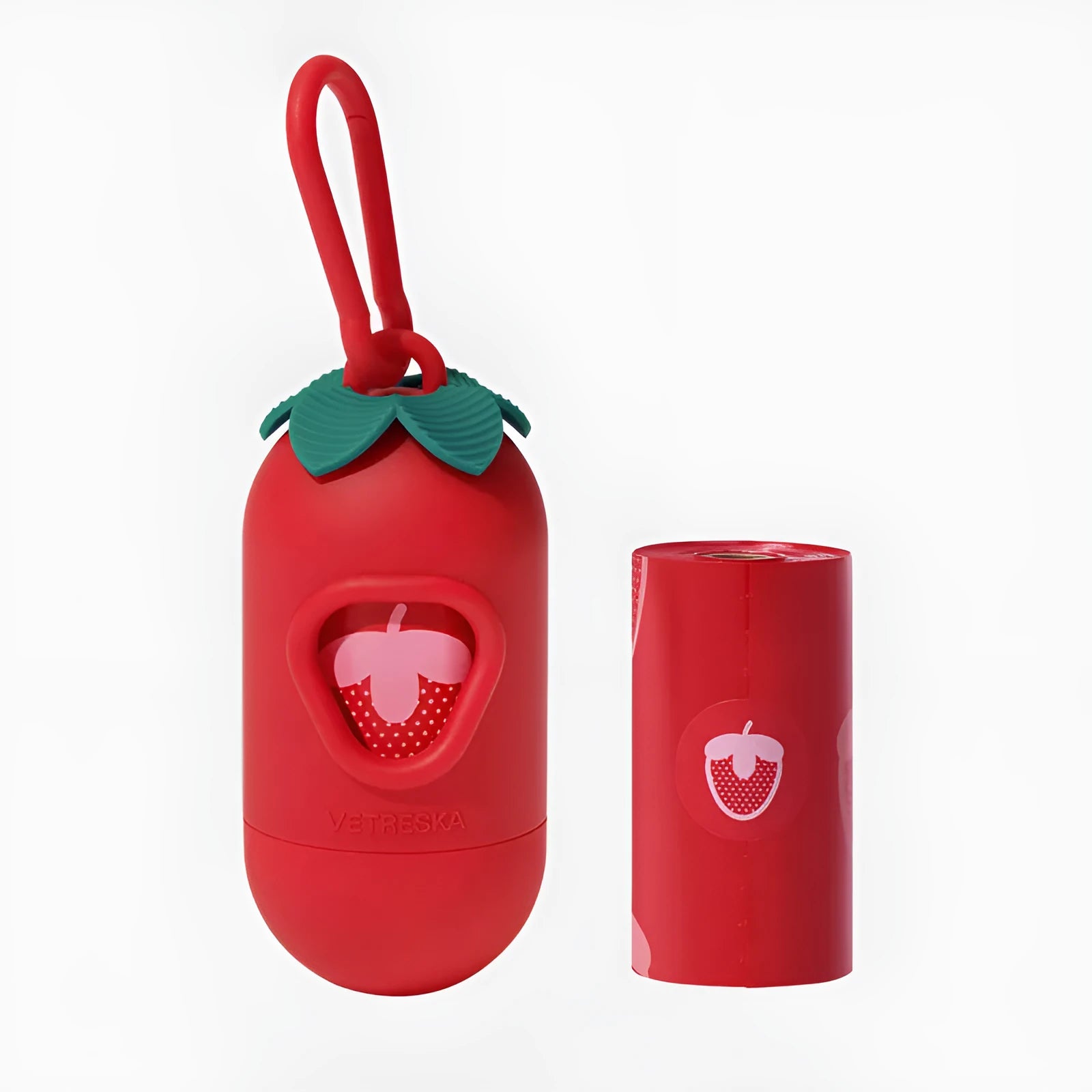 Portable dog poop bag dispenser capsule in strawberry, orange, and cherry blossom patterns with a roll of scented bags.