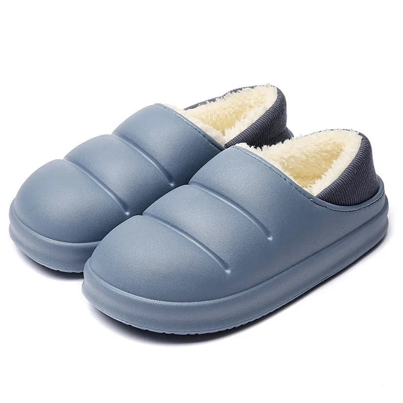 Waterproof EVA winter slippers with plush lining in multiple colours showing non-slip soles