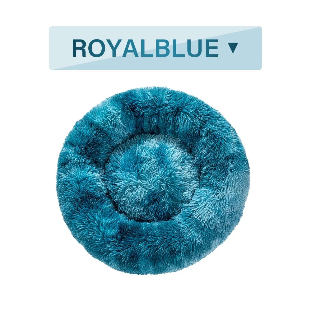 Donut-shaped long plush pet bed with raised sides, shown in a neutral colour.