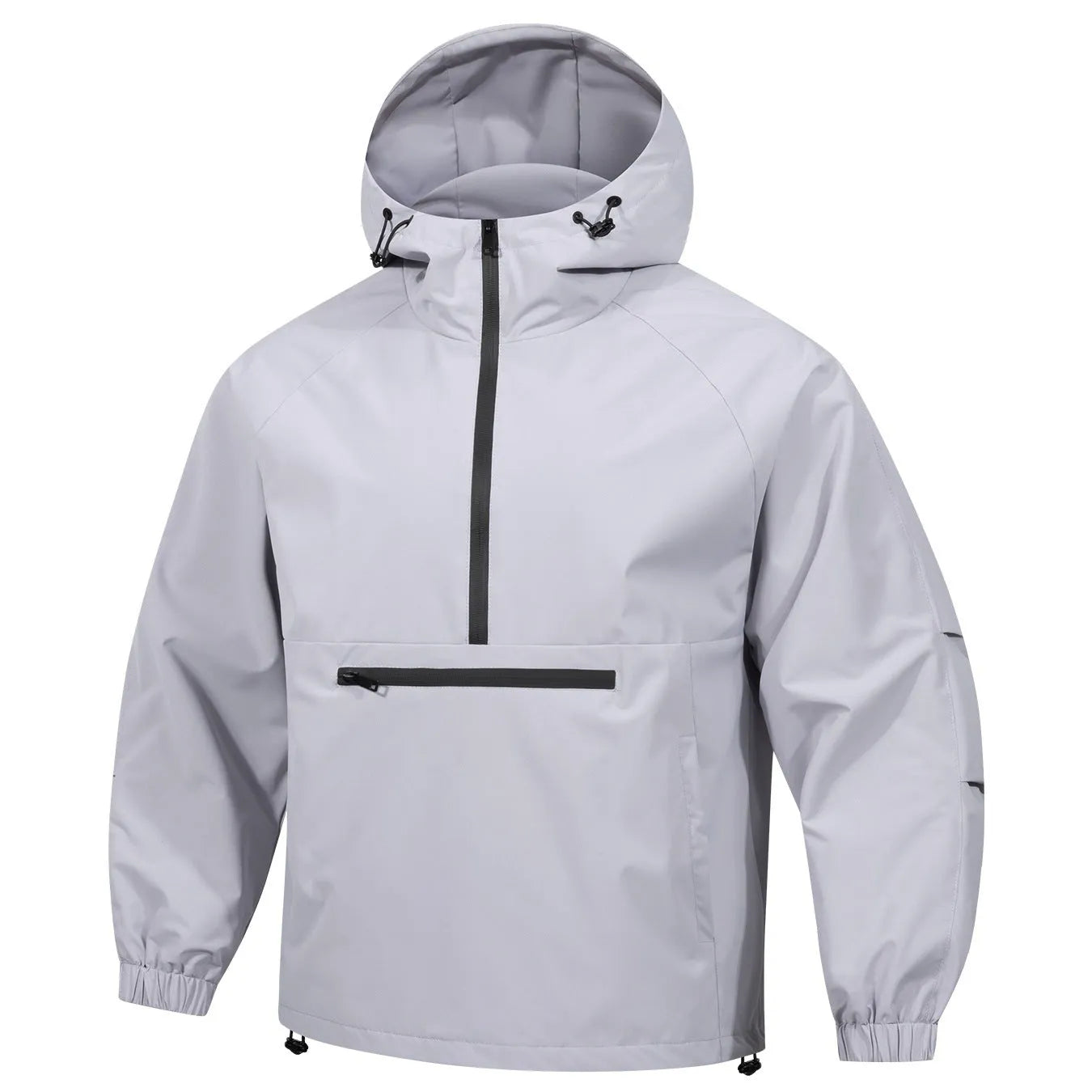 Men's loose grey corduroy half-zip hooded sweater jacket with rabbit fur fabric on a hanger