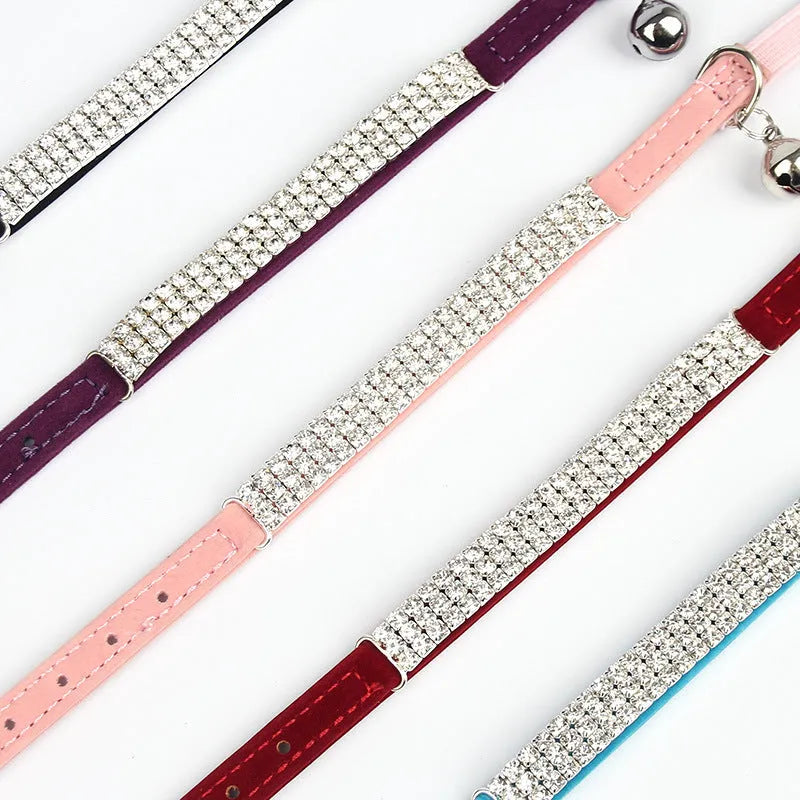 Red suede velvet cat collar with rhinestone, adjustable 20-30cm length.