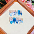 Blue hand-painted carved summer ice transparent plastic fake nails set in sizes XS S M L