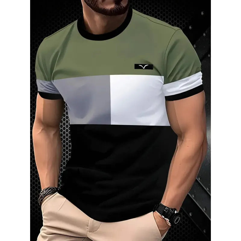 Men's short-sleeved striped t-shirt with digital 3D printing in loose business casual fit