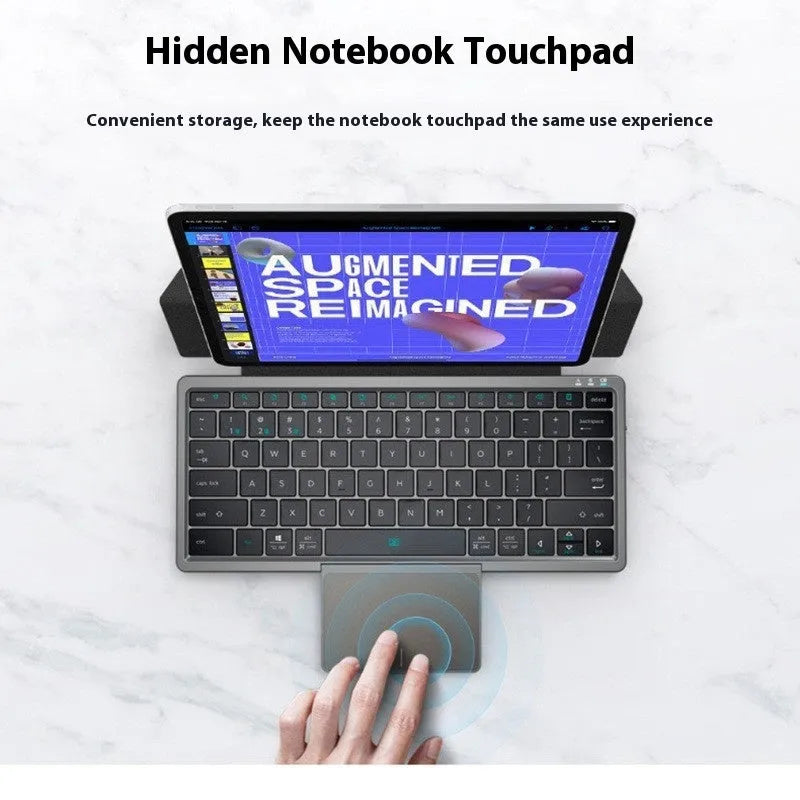 Black and grey three-in-one wireless Bluetooth keyboard with leather sheath and stand for iPad.