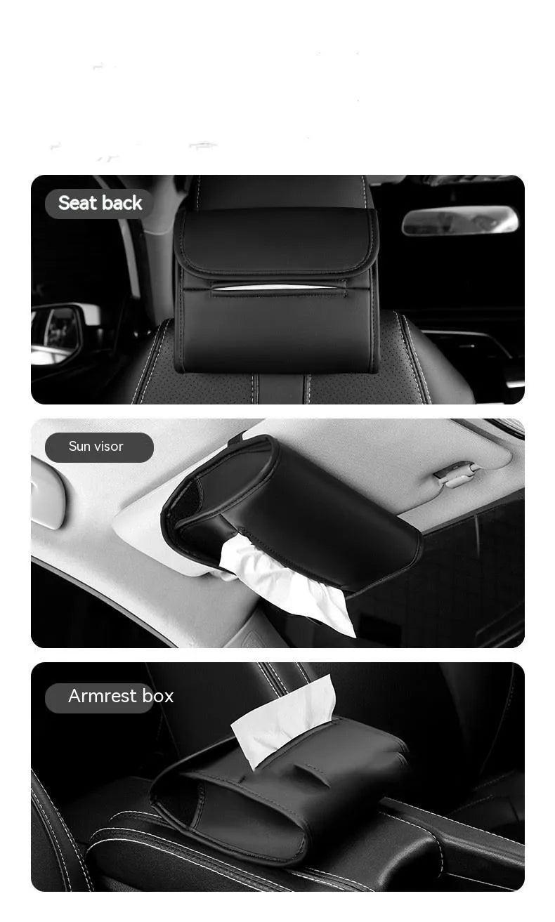 Leather car tissue box mounted on a car sun visor with elastic band strap.