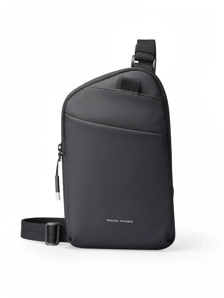 Men's black Oxford cloth crossbody bag with visible stitching detail
