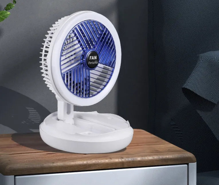 Blue foldable USB desk fan with LED light showing wall mount bracket and pen holder
