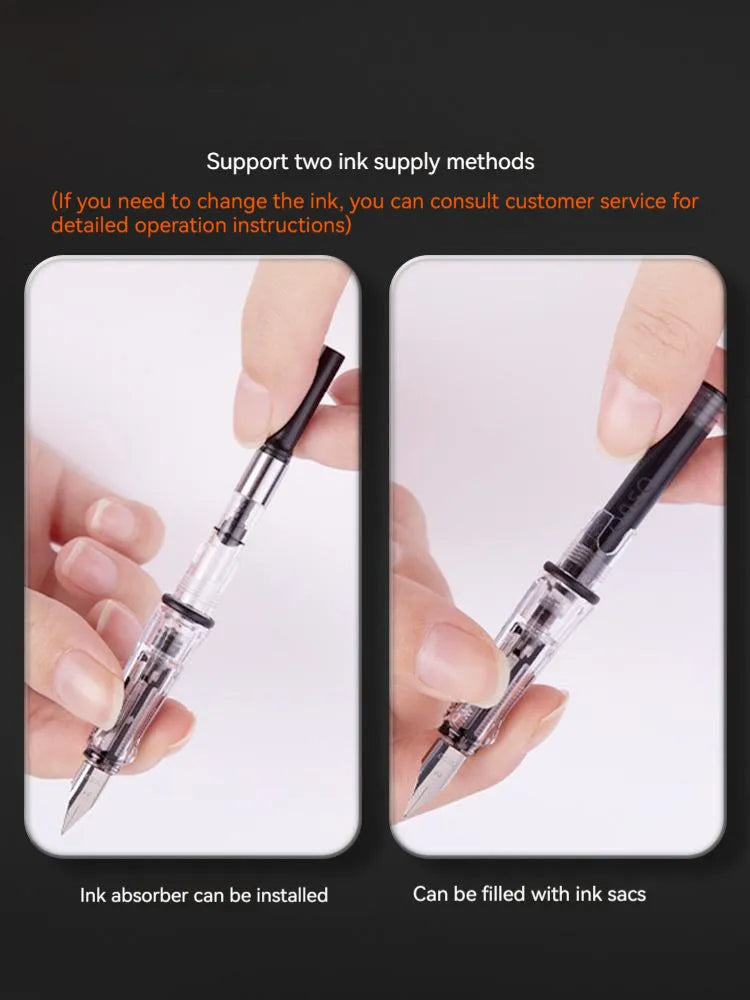 Automatic suction pen set with plastic body, stainless steel tip, ink feeder, and handbag on a desk.