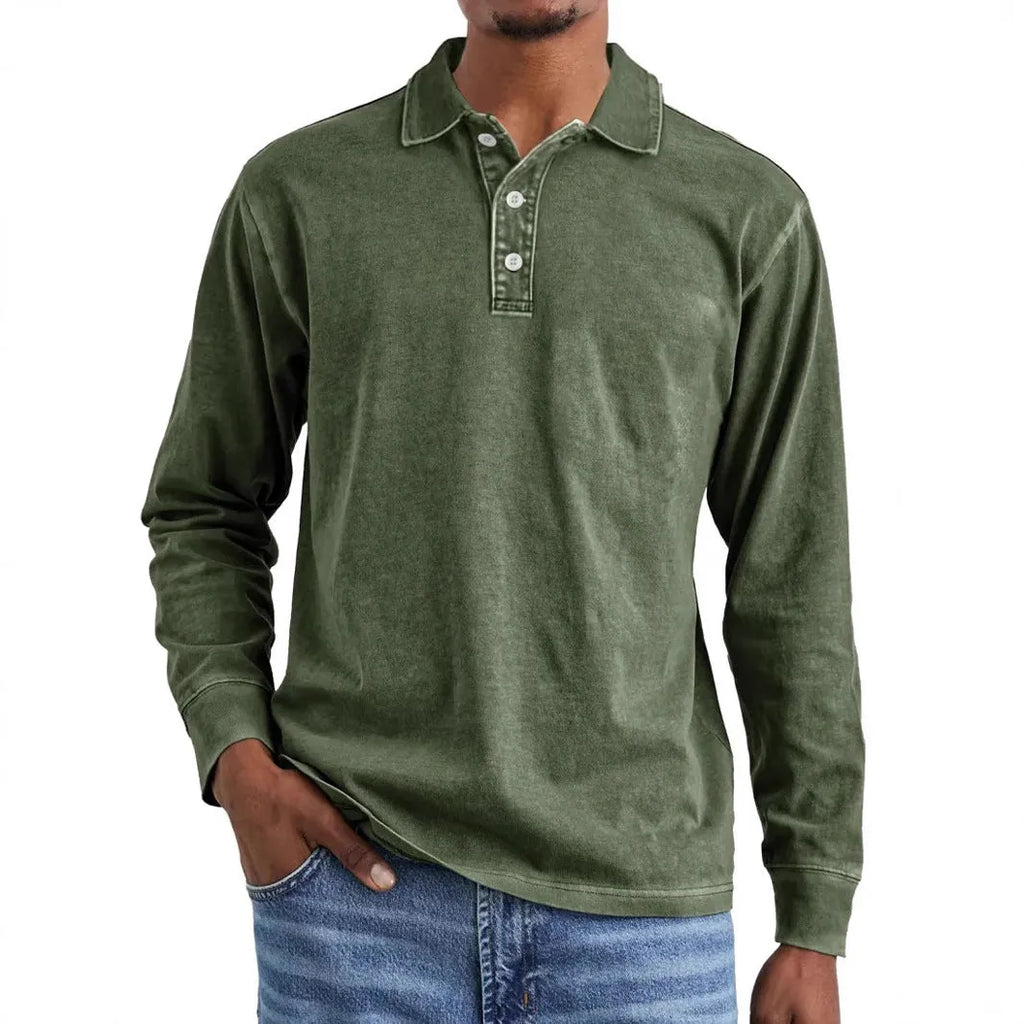Retro washed distressed pure cotton lapel long sleeve polo shirt shown in Army Green.