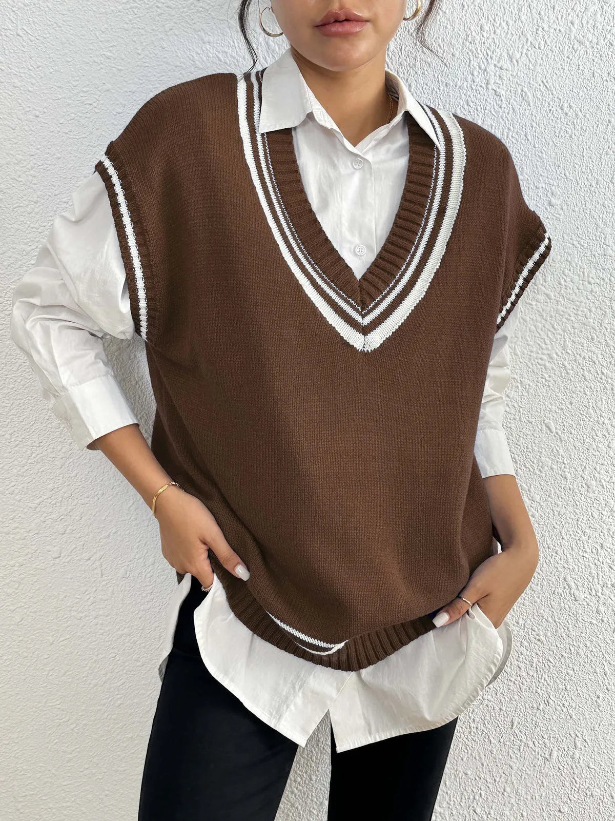 Women's loose college-style acrylic vest sweater in blue, coffee or black colours
