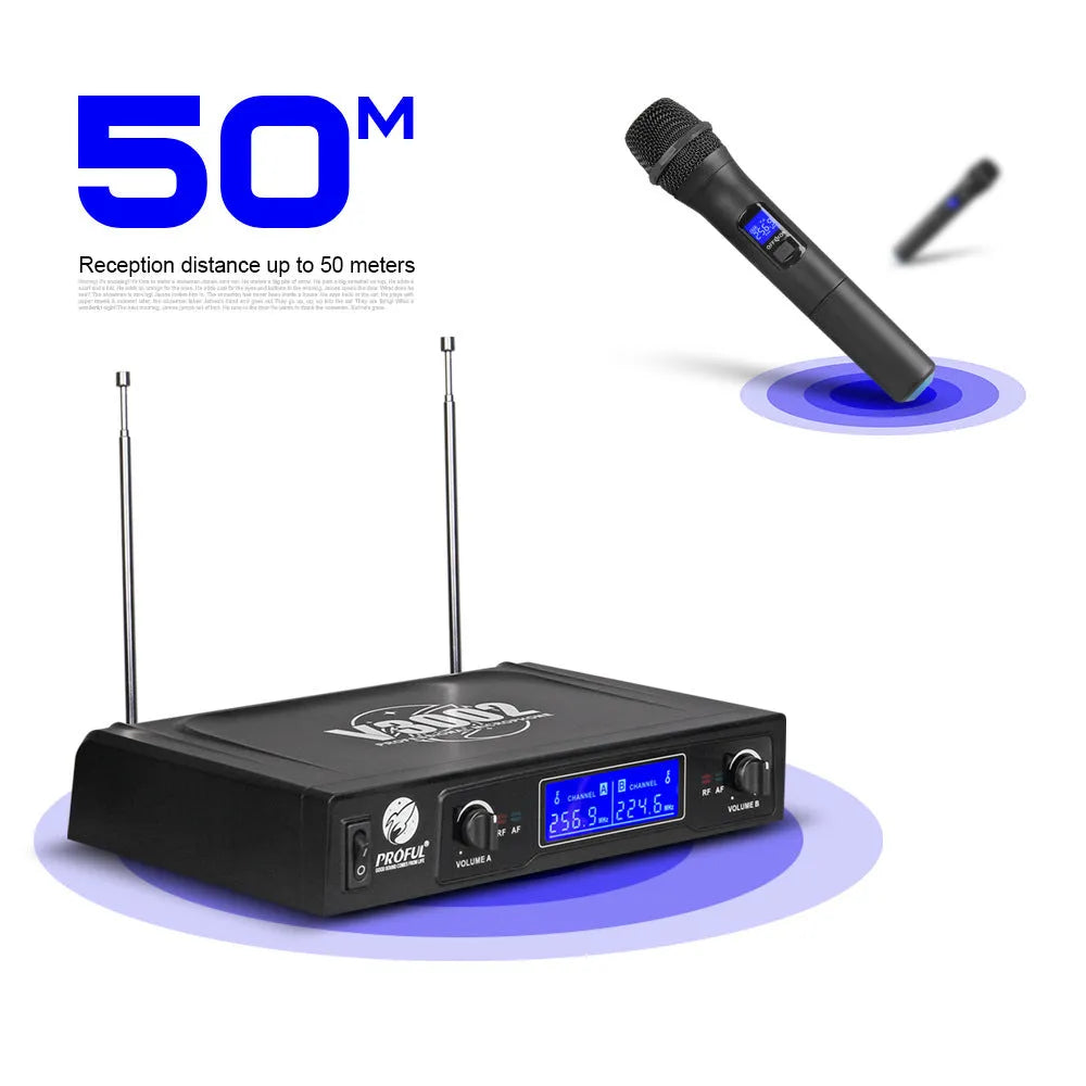 Black V-3002 dual wireless handheld microphone system with transmitter and cables