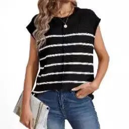 Striped sleeveless pullover vest top for women in a casual style.