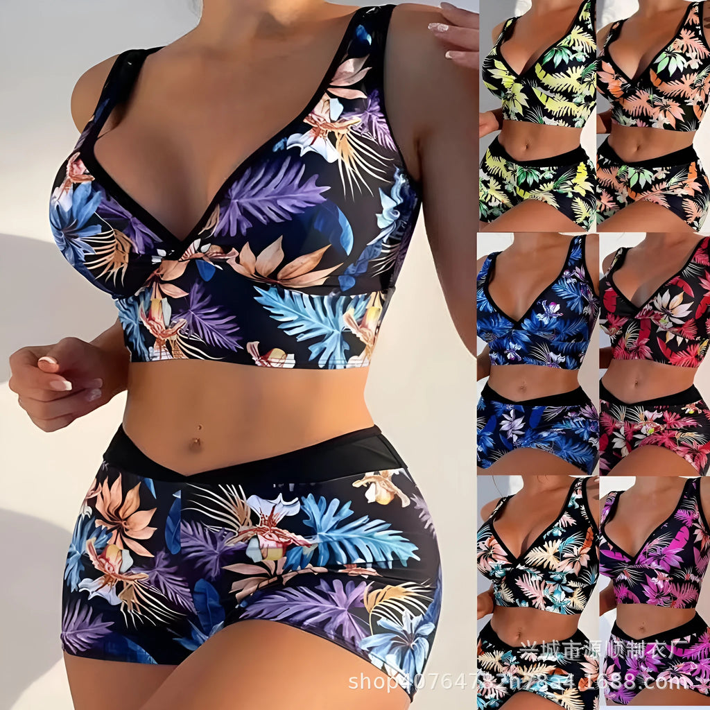 Women's two-piece swimsuit with sleeveless top and printed boxer shorts in multiple colours.