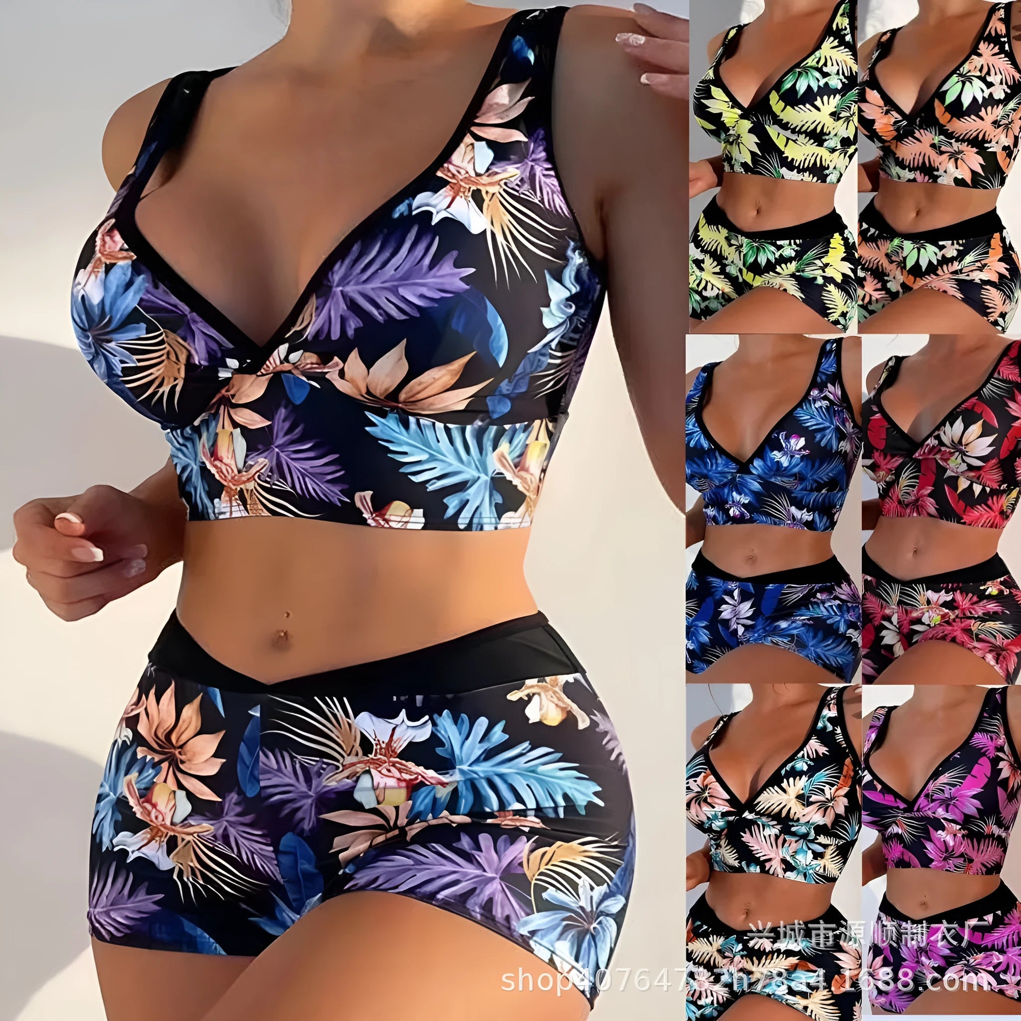 Women's two-piece swimsuit with sleeveless top and printed boxer shorts in multiple colours.