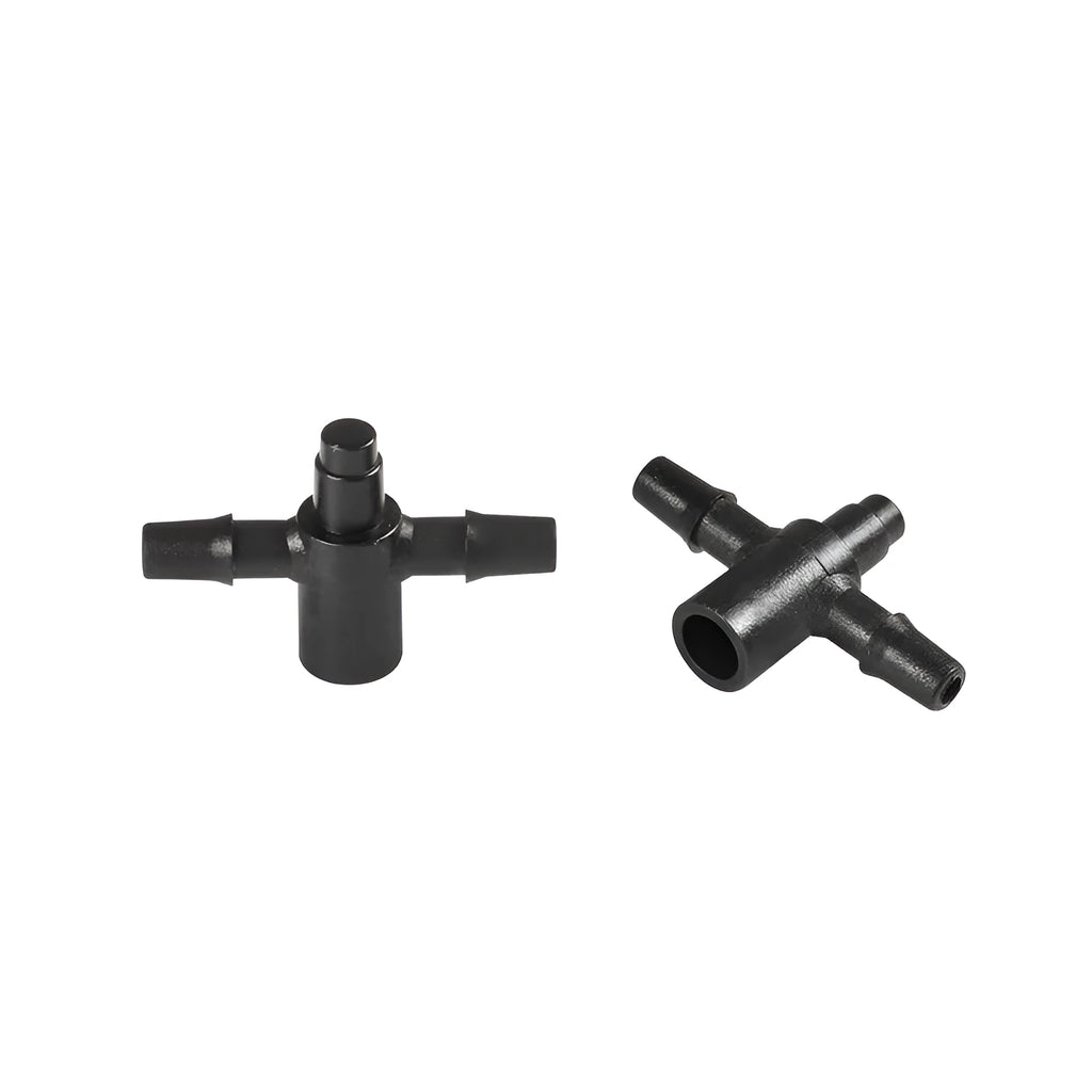 White PE plastic tee water distributor for micro spray irrigation systems.