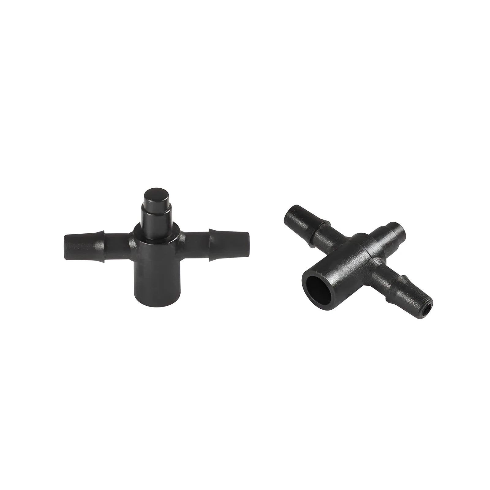 White PE plastic tee water distributor for micro spray irrigation systems.