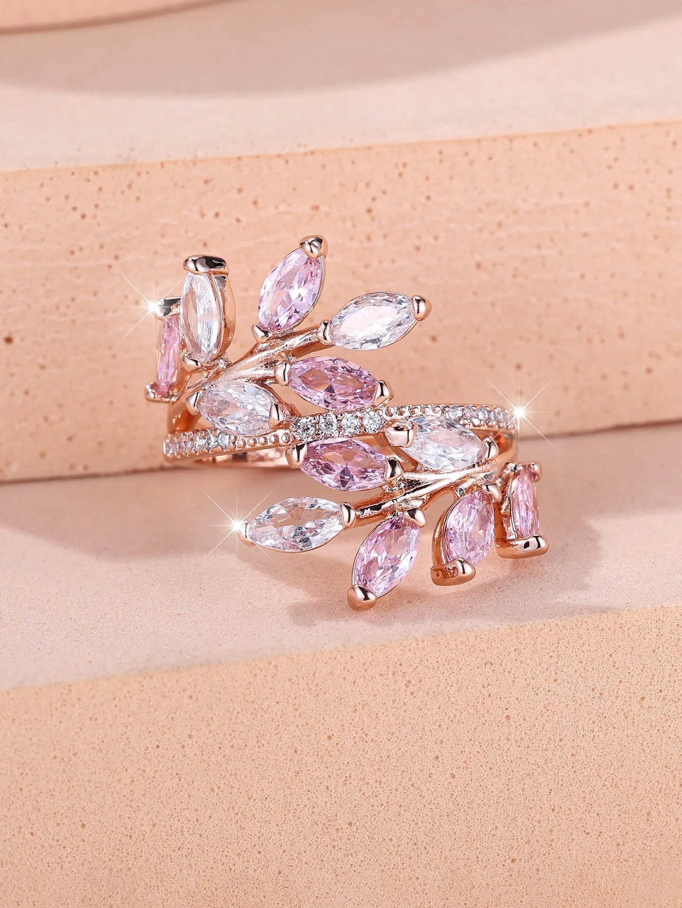 Adjustable horse eye zircon leaf ring in multiple colour options including platinum white and rose gold finishes