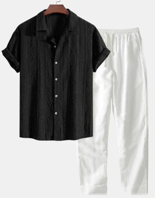 Men's loose fit summer shirt and trousers suit in polyester milk silk fabric available in six colours