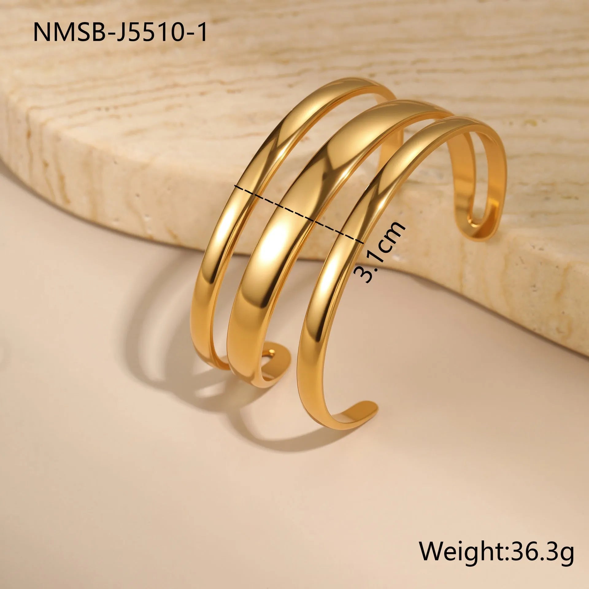 A geometric line design stainless steel bracelet with a simple opening clasp, shown in a gold electroplated finish.