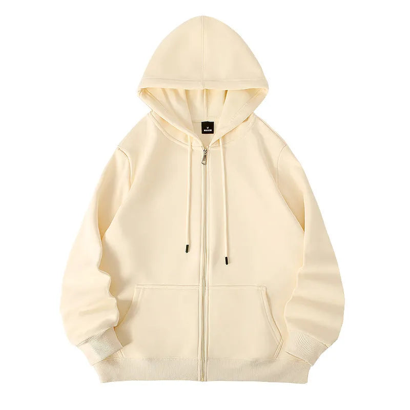 Men's plus size 420g hooded zip-up sweater in loose cardigan style with top-stitched pockets