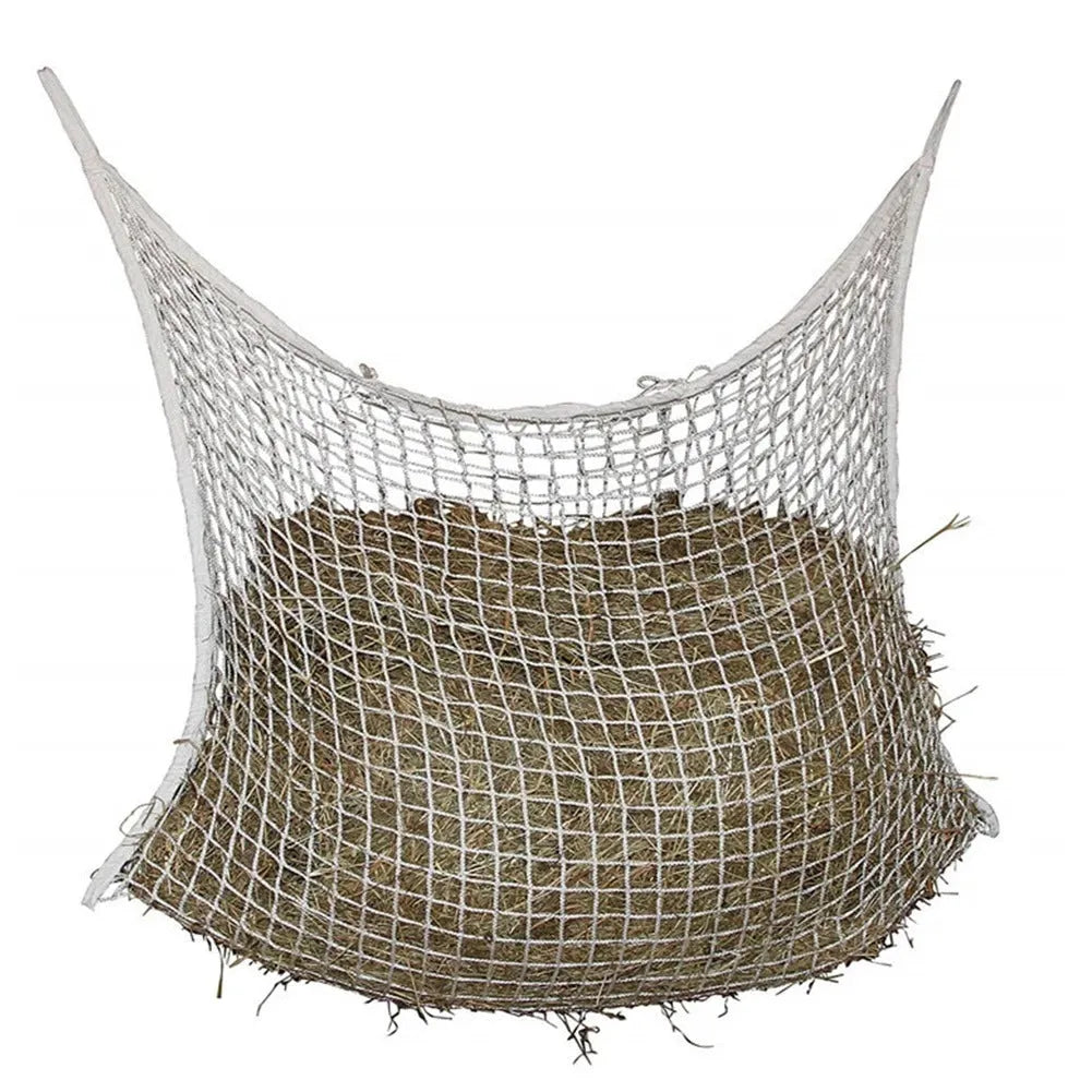 Woven PE rope grid design horse feeding bag in black or white colours