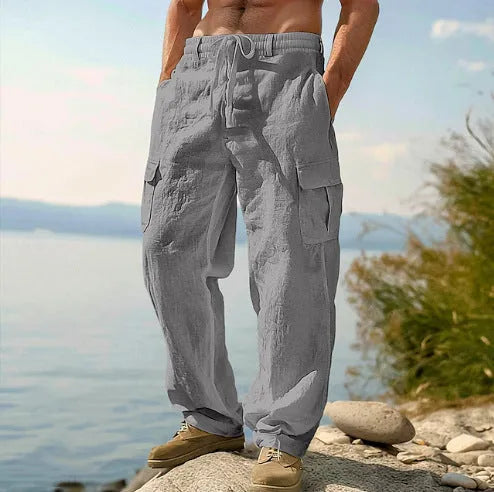 Men's loose fit cotton wide-leg casual trousers in light army green colour