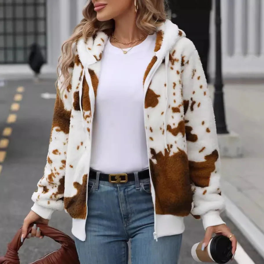 Yellow-brown hooded cardigan jacket with animal cow print pattern and zip-front closure