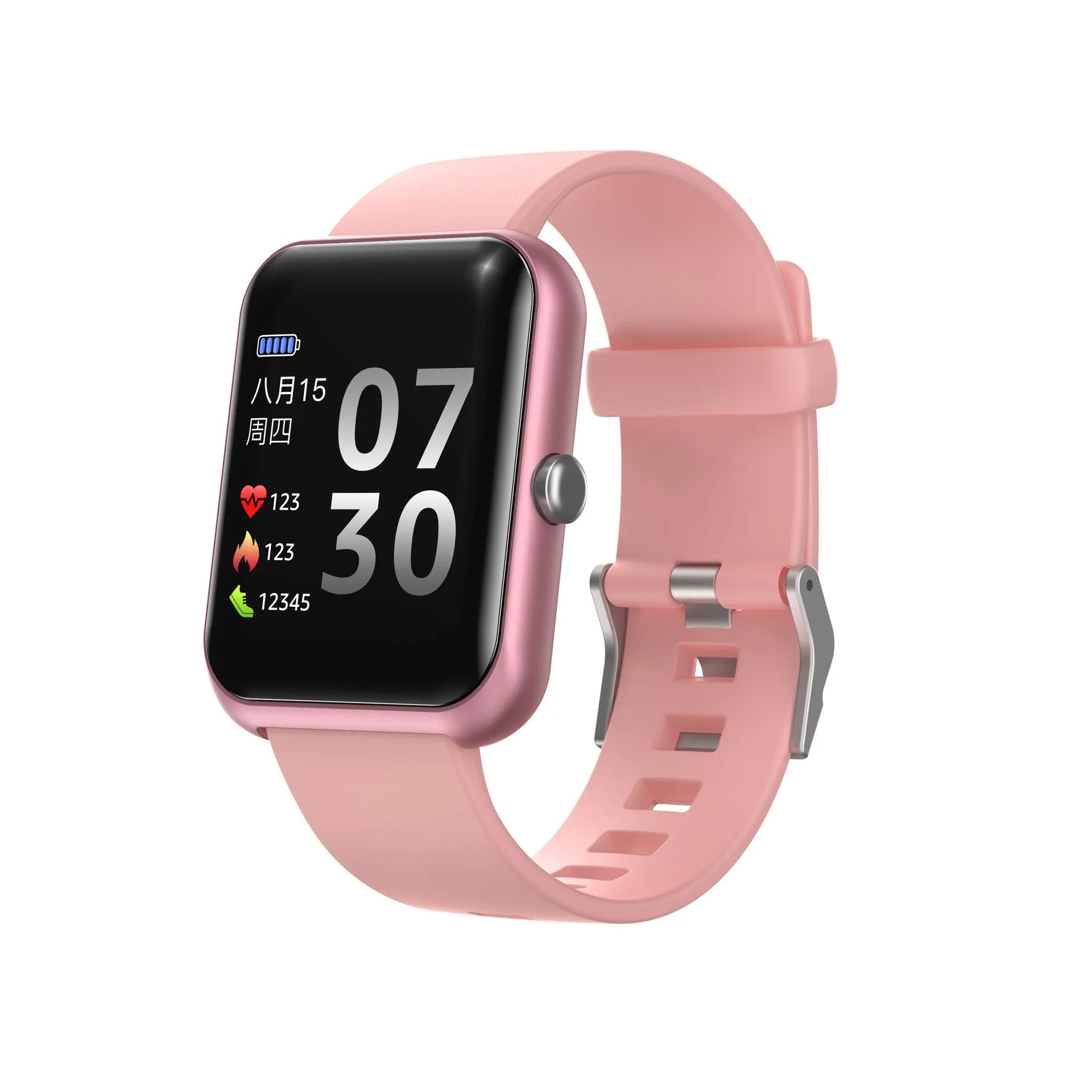 Square smart sports watch with silicone strap and aluminium case in five colour options