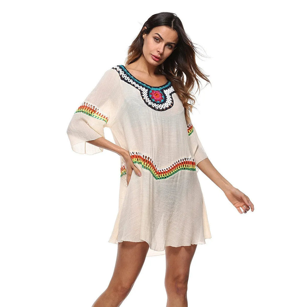 Crocheted acrylic beach cover-up in ethnic style for swimming and sun protection