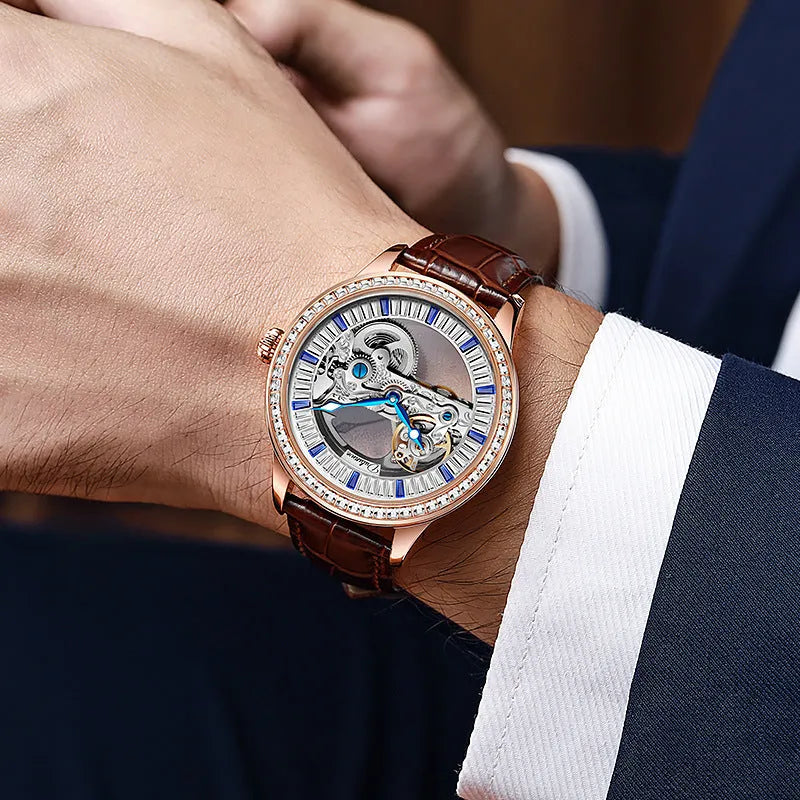 Men's rose gold stainless steel mechanical watch with transparent case back on wrist