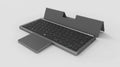 Black and grey three-in-one wireless Bluetooth keyboard with leather sheath and stand for iPad.