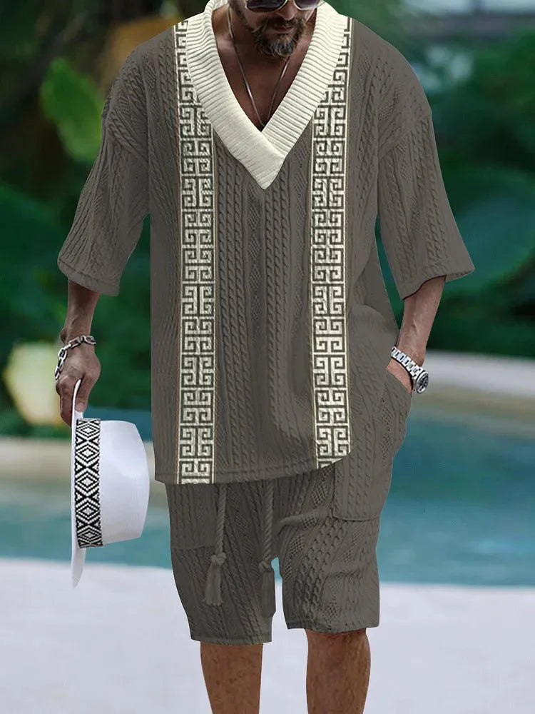 Men's loose casual short sleeve top and shorts suit separates set in polyester fabric