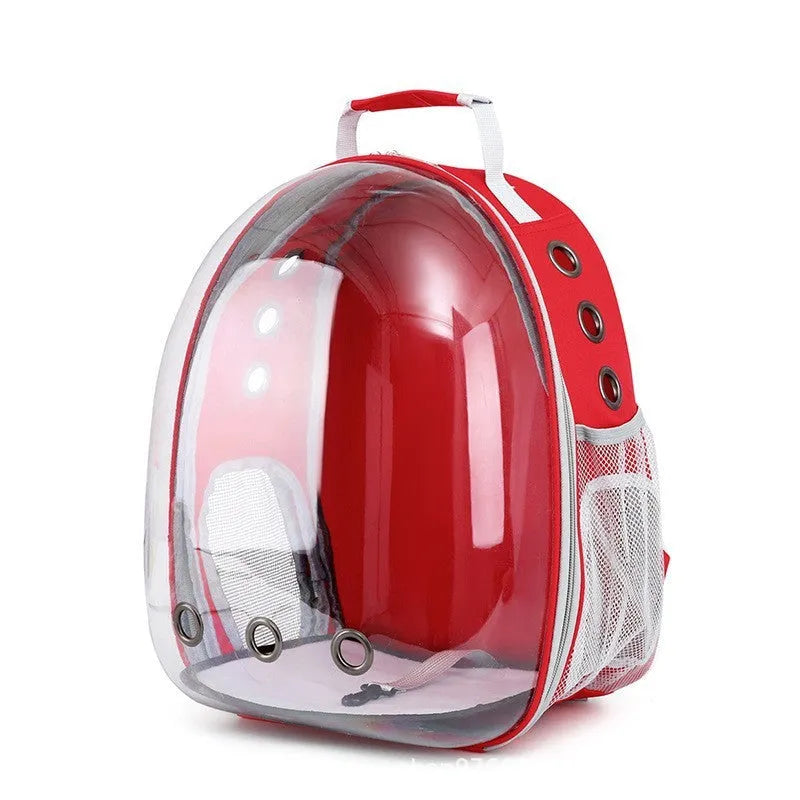 Grey astronaut-style structured cat carrier bag with a side-opening door