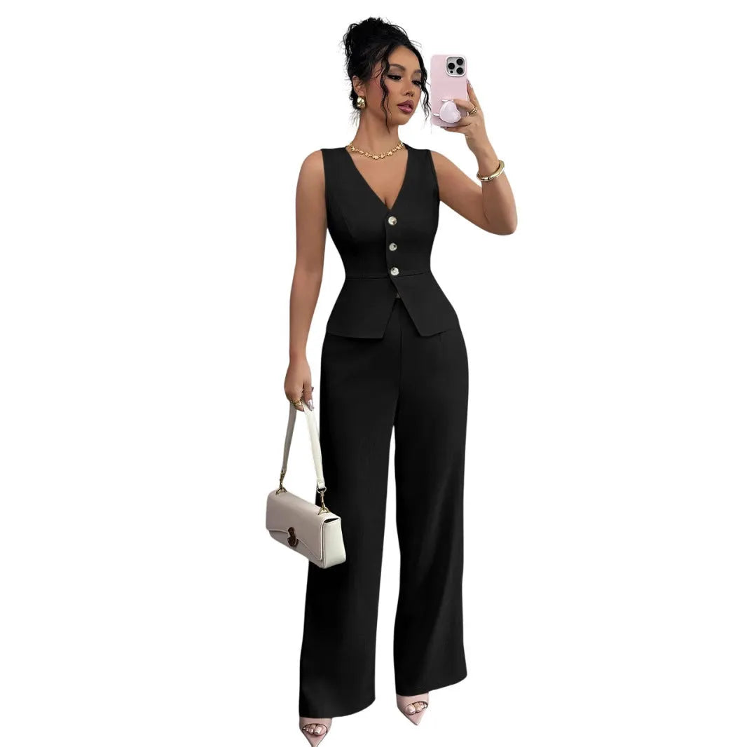 Women's solid colour sleeveless vest and high-waist trousers two-piece set in casual style