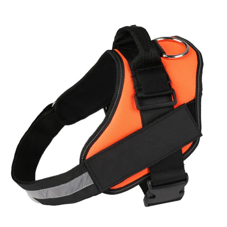 Adjustable reflective dog harness with handle and D-ring on blue background showing size chart