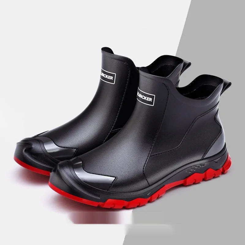 Short tube PVC wading shoe covers with round toe and non-slip plastic sole in solid colour.