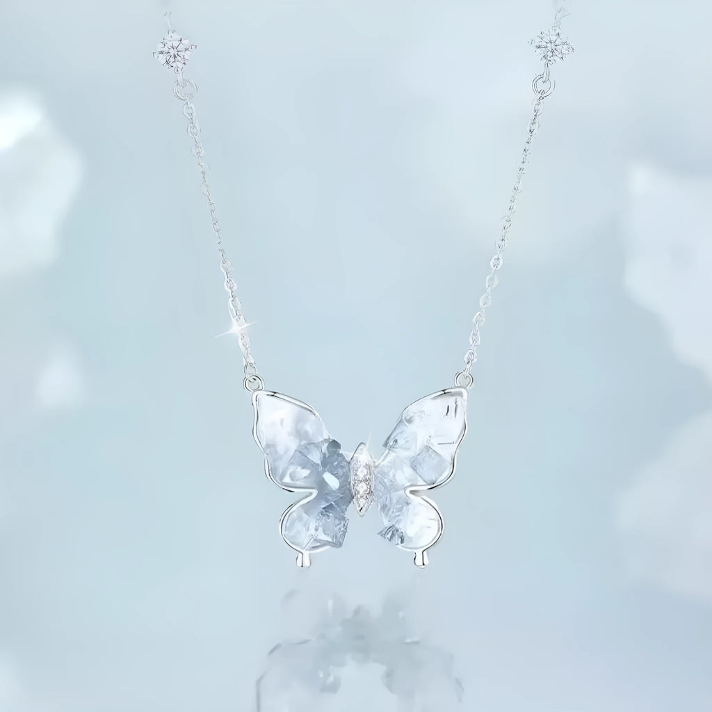Women's S925 silver necklace with ice rain butterfly pendant on adjustable chain