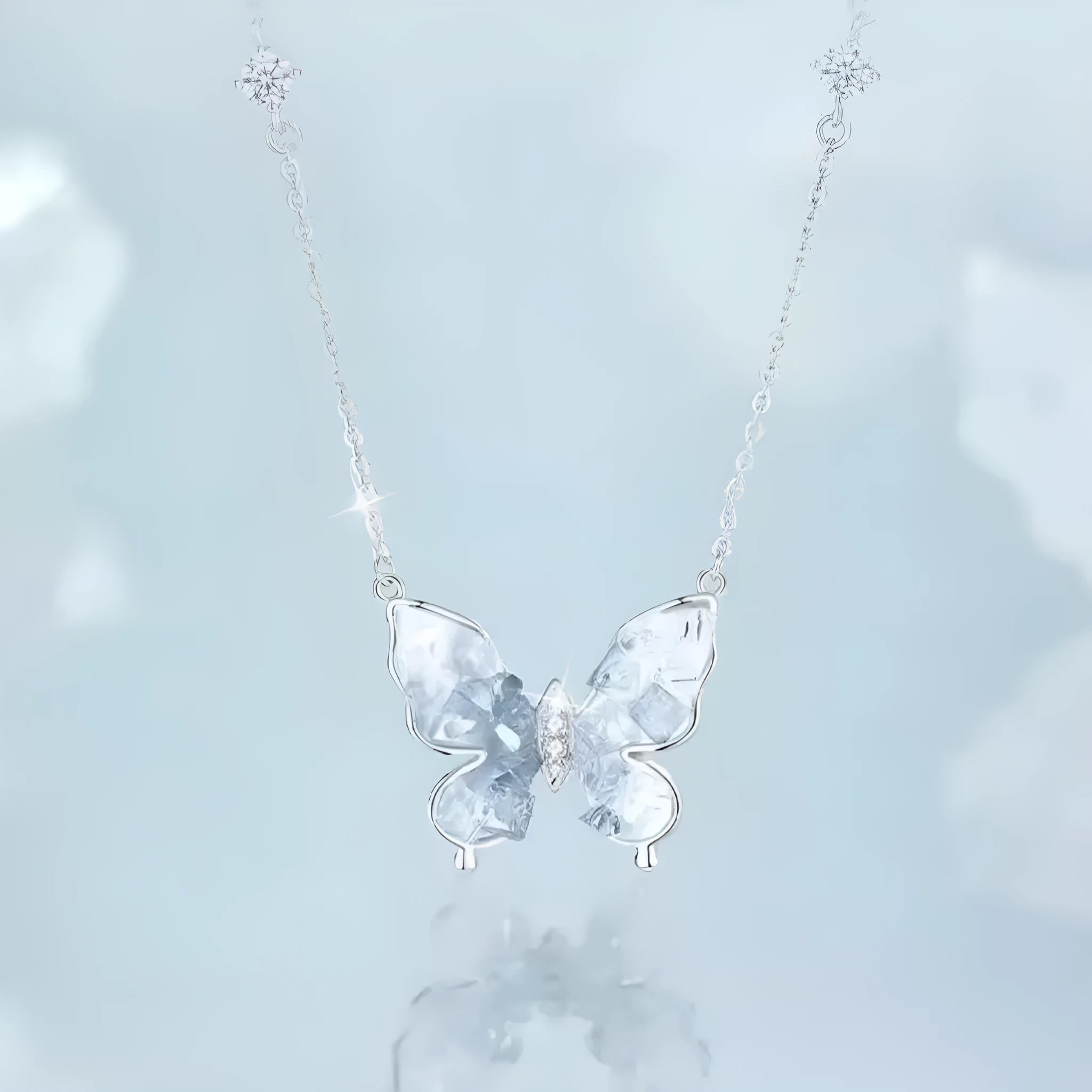 Women's S925 silver necklace with ice rain butterfly pendant on adjustable chain
