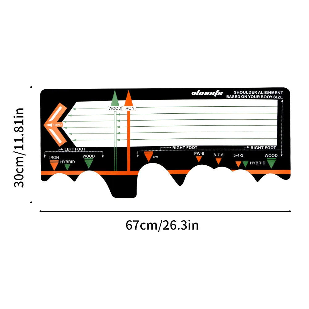 Black neoprene golf swing stance alignment pad with directional markings for training.